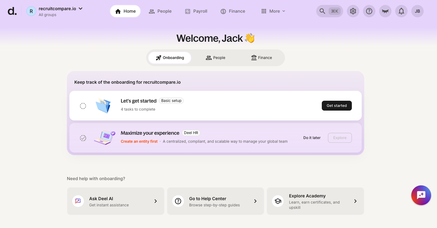 Deel dashboard showing the main home screen with onboarding tasks, team overview, and navigation for People, Payroll, and Finance