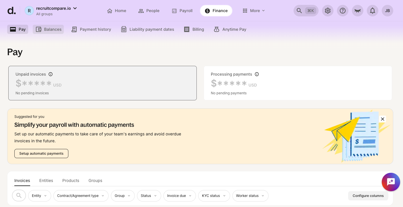 Deel Finance section showing the Pay dashboard with unpaid invoices, processing payments, and options for automatic payment setup