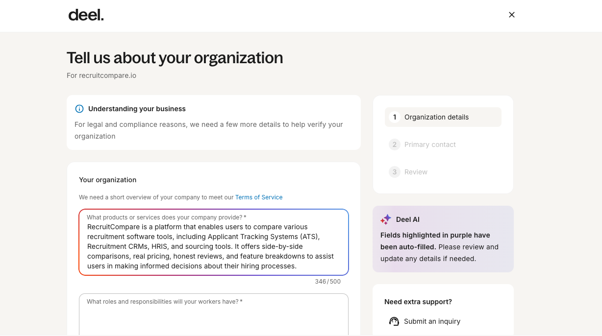 Deel organization setup screen showing compliance verification with auto-filled business details and a step-by-step review process