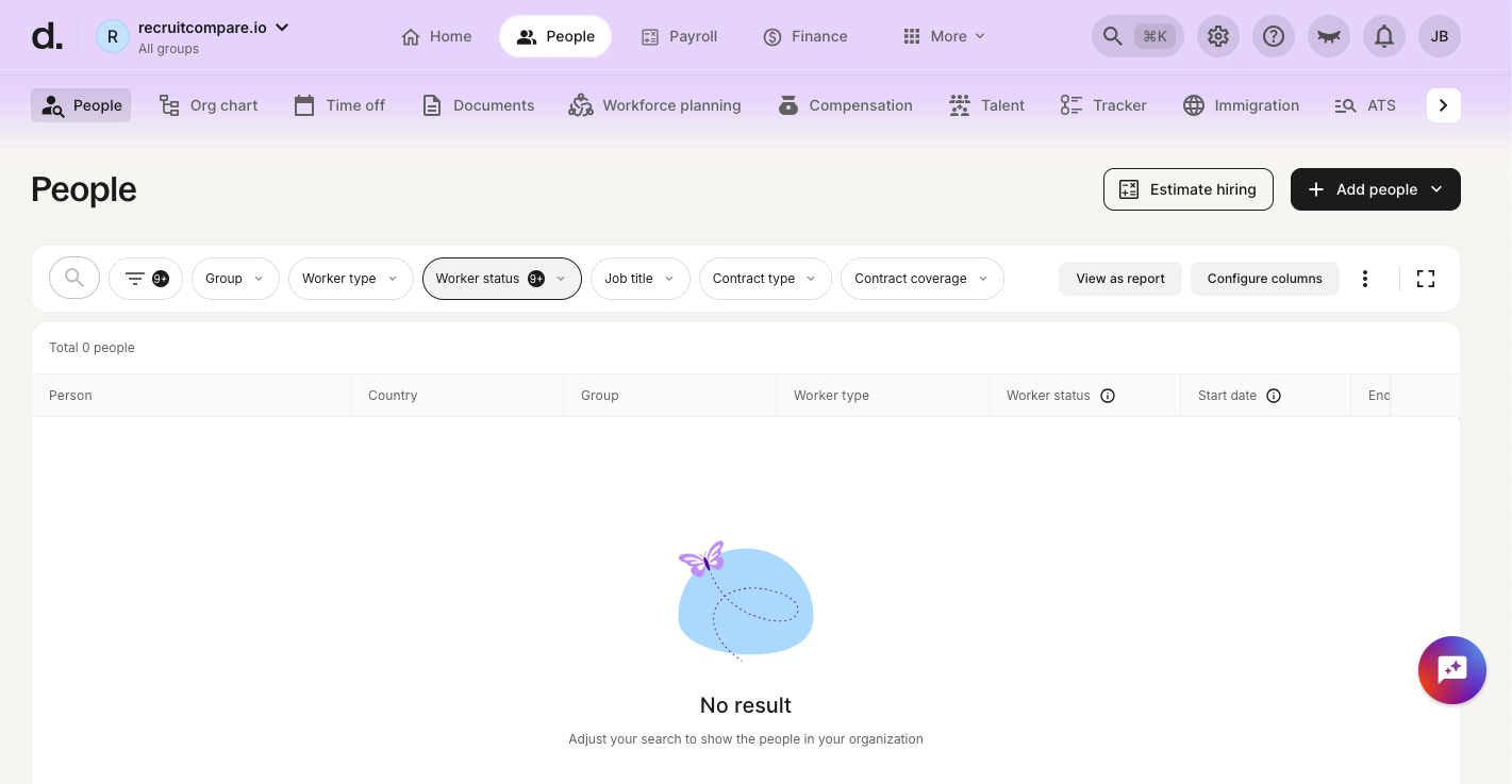 Deel People section showing the contractor and employee management interface with filters for worker type, status, job title, and contract coverage