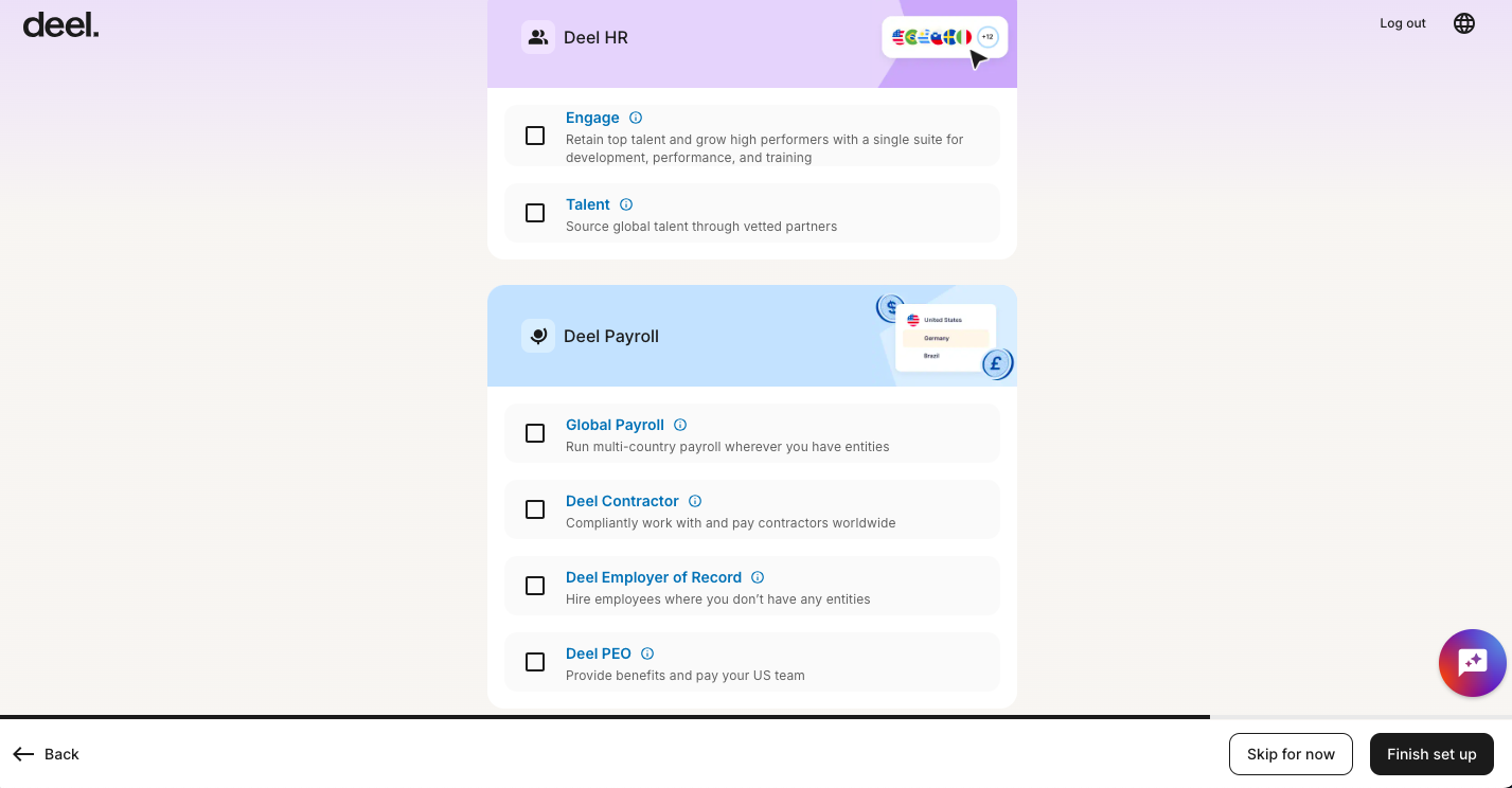 Deel product selection screen showing Deel HR modules (Engage, Talent) and Deel Payroll modules (Global Payroll, Contractor, Employer of Record, PEO)