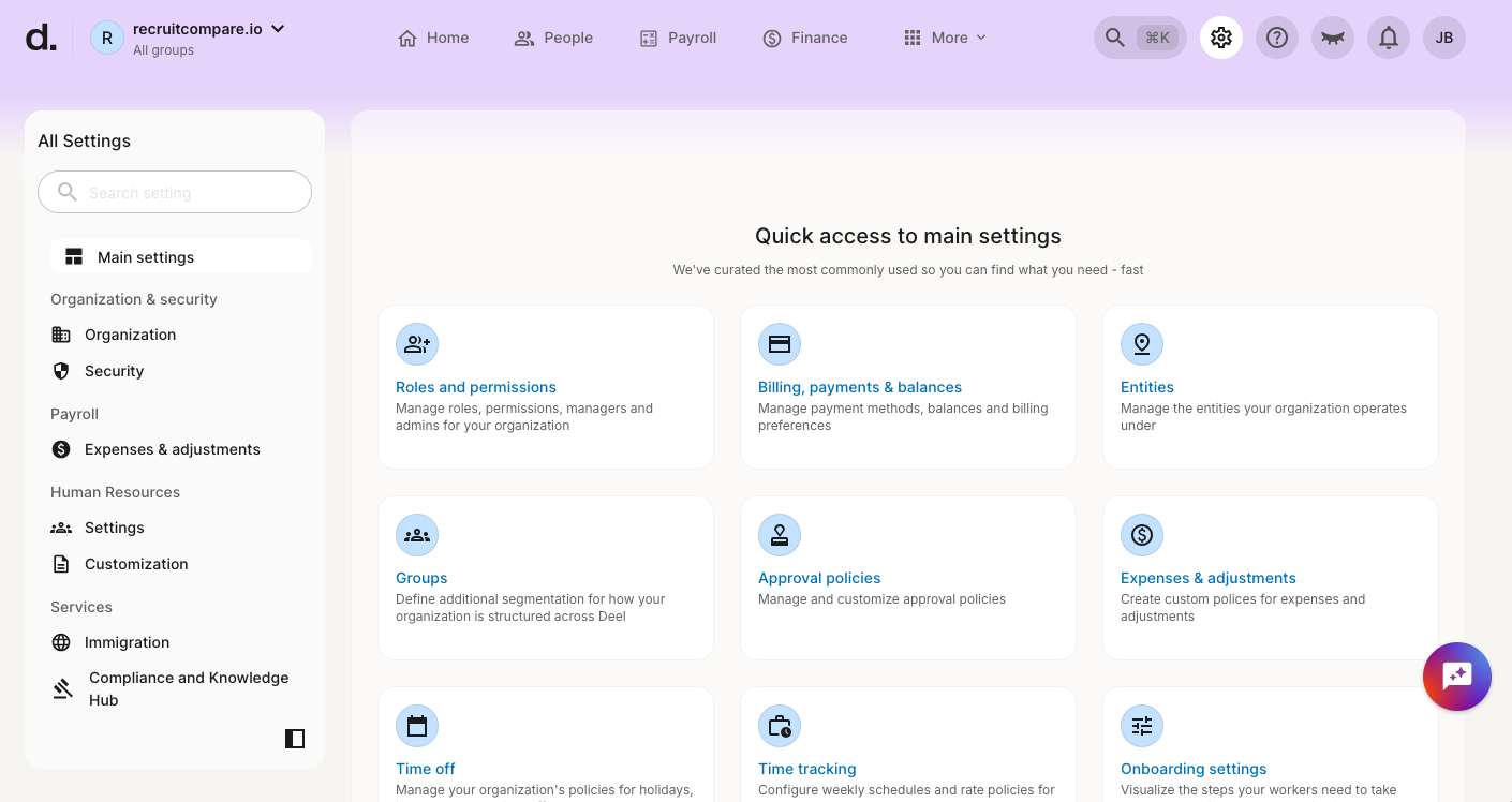 Deel Settings page showing quick access to main settings including Roles and permissions, Billing, Entities, Groups, Approval policies, and more